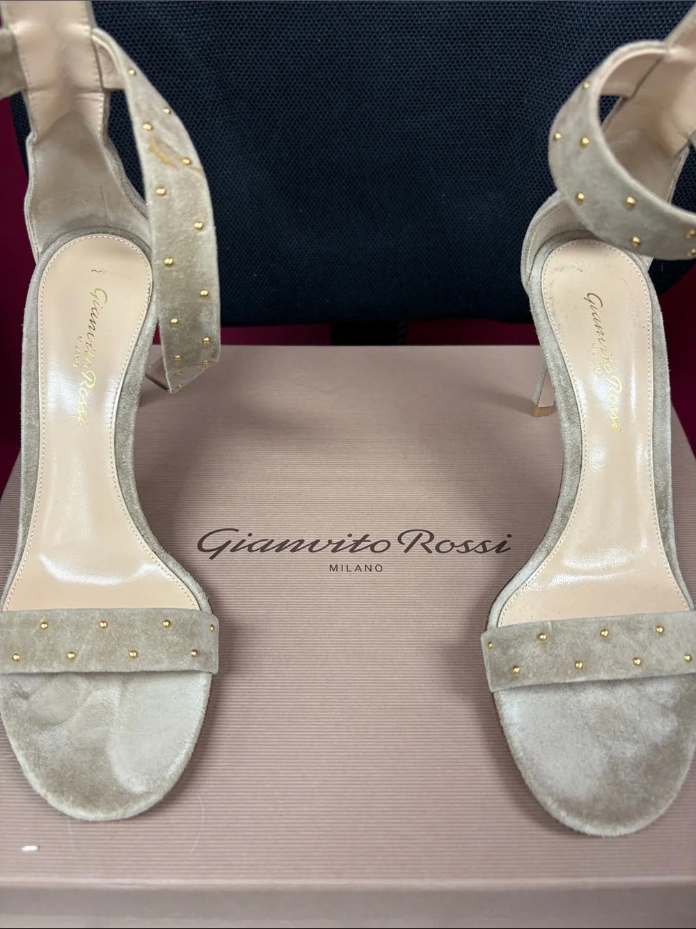 Gianvito Rossi Beige Suede Studded Ankle-Strap Heels